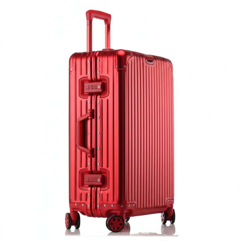 Red suitcase with wheels on a white background