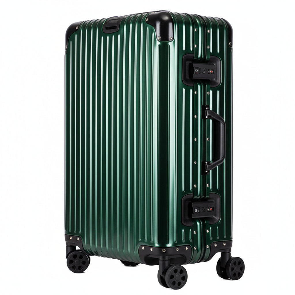 Green suitcase with black handle and wheels on a white background