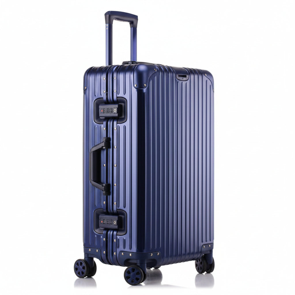Blue suitcase with wheels on a white background