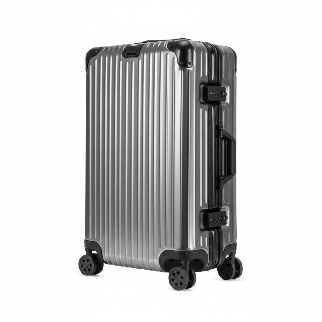 Silver suitcase with black accents on a white background