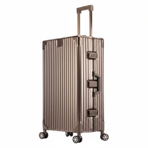 Gold suitcase with wheels and handle on a white background