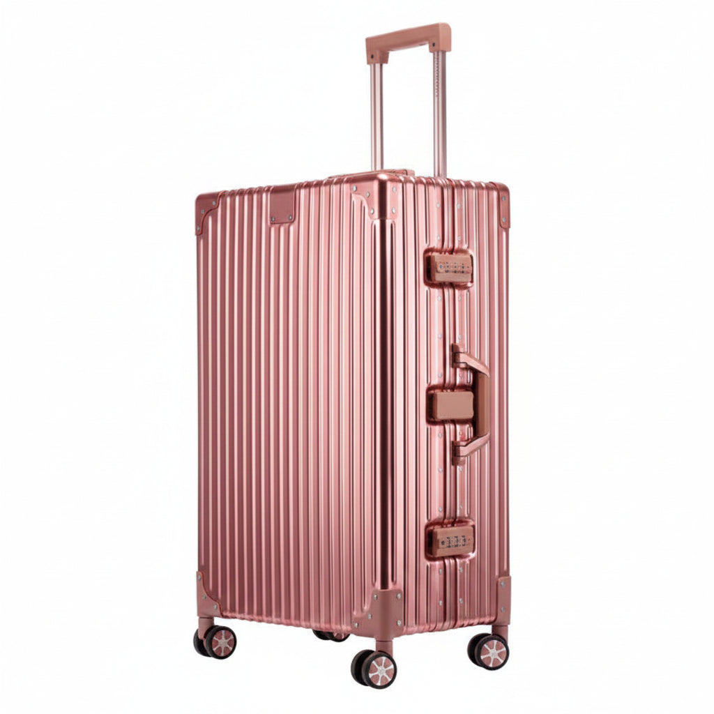 Rosé suitcase with wheels on a white background